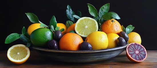 Poster - Colorful arrangement of fresh citrus fruits including oranges, limes, and lemons with dark olives in a bowl set against a black background.