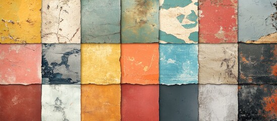 Fototapete - Old worn textured stickers in vibrant colors arranged in a grid pattern showcasing hues of orange, blue, green, and earthy tones for creative projects