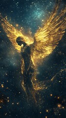 Poster - Golden angelic figure surrounded by shimmering stars in a cosmic backdrop