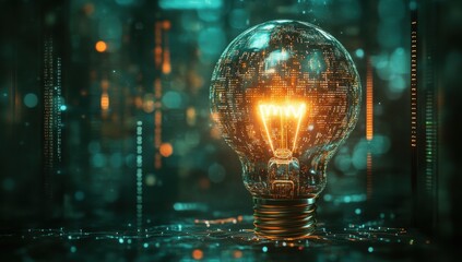 Poster - Glowing Light Bulb Surrounded by Data Stream in Futuristic Digital Environment with Neon Colors and Abstract Patterns
