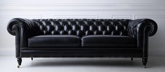 Aufkleber - Chesterfield sofa in black leather against a white wall with detailed tufting showcasing elegance and classic design in interior decor