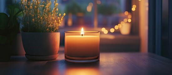 Poster - Warm candle glow illuminating a cozy interior with soft green plants in white pots and blurred fairy lights in the background creating ambiance.