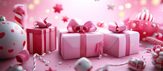 Aufkleber - Joyful holiday scene featuring pink gift boxes with bows, festive decorations, and vibrant colors on a soft pink background, exuding festive spirit