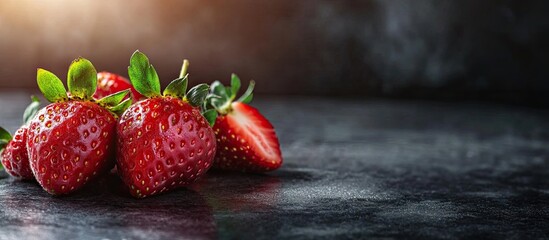 Aufkleber - Fresh red strawberries with green leaves arranged on a dark textured surface with soft light highlighting the scene on the left side.