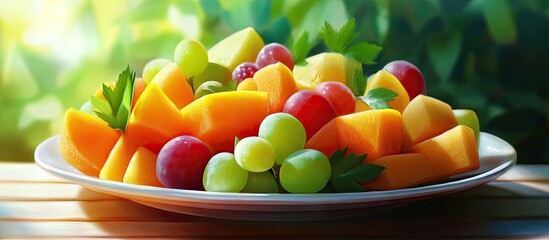 Poster - Vibrant tropical fruit salad on a white plate including orange melon green grapes and red grapes arranged attractively against a lush green background