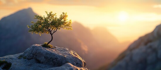 Leinwandbilder - A small green tree sits atop a grey rock in the foreground against a golden sunset illuminating distant mountains in soft orange hues.