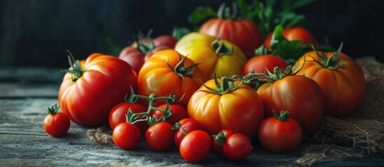 Poster - Vibrant assortment of ripe red and orange tomatoes arranged artfully on a rustic wooden table with green foliage in the background.