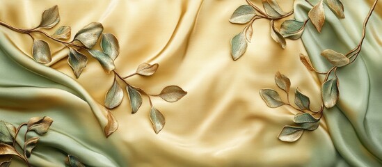 Leinwandbilder - Luxurious gold and green silk texture with intricate leaf branches positioned diagonally, showcasing elegance and natural beauty in rich, flowing fabrics