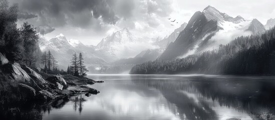 Poster - Serene black and white landscape featuring towering mountains and a reflective lake with foggy skies and lush trees in the foreground.