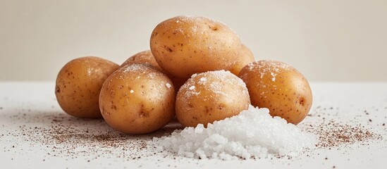 Aufkleber - Freshly harvested golden potatoes on a white surface, sprinkled with coarse salt and brown spices, arranged in a natural, organic style.