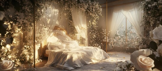 Aufkleber - Romantic bridal suite with soft white bed draped in sheer fabric surrounded by lush floral arrangements and golden light creating an enchanting ambiance