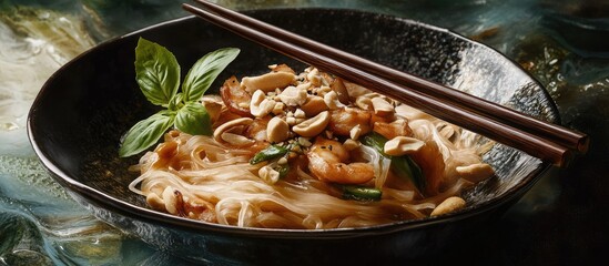 Poster - Delicious Asian peanut noodle dish served in a dark bowl on a textured background featuring green basil leaves and chopsticks arranged stylishly.