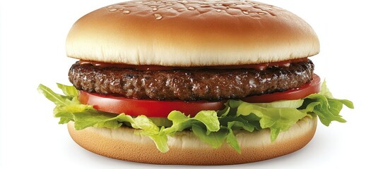 Poster - Juicy beef burger with fresh green lettuce and ripe red tomato slices in a golden toasted bun, positioned centrally against a clean white background.