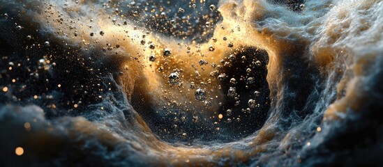 Poster - Phantom virus particle with sparkling intricate details in shades of gold and blue, enveloped in mesmerizing shimmering particles and dark background.