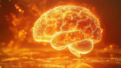 Poster - Glowing Orange Brain with Energetic Sparks and Light Effects Floating in Space, Symbolizing Intelligence, Knowledge, and Innovation in Technology and Science