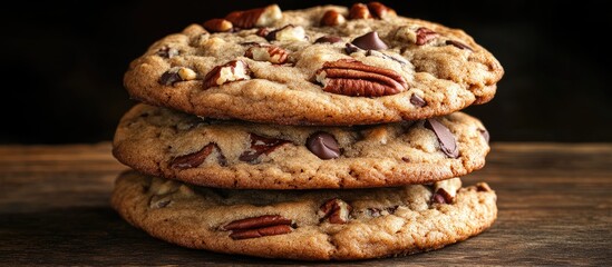 Poster - Stacks of golden brown chocolate chip cookies with pecans on a rustic wooden table creating an inviting dessert scene perfect for cookie lovers