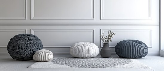 Aufkleber - Stylish arrangement of geometric round orb cushions in gray and white on a textured rug against a light gray wall, enhancing sophisticated interior decor.