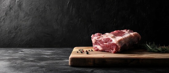 Aufkleber - Raw pork neck positioned on a wooden cutting board with dark shadows and modern black background highlighting its fresh quality and texture