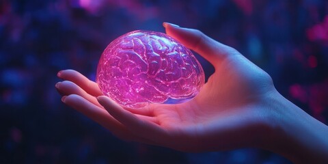 Poster - Hand Holding Glowing Brain Model with Neon Lights and Abstract Background Reflecting Concept of Intelligence, Creativity, and Modern Technology