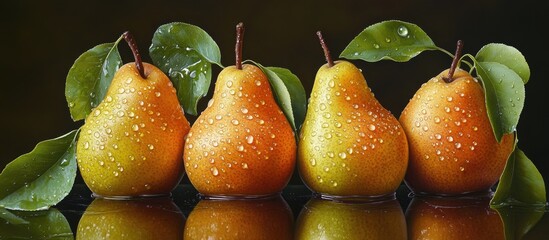 Aufkleber - Refreshing scene of four ripe juicy pears with water droplets on smooth skin positioned in a row beside vibrant green leaves on a reflective surface
