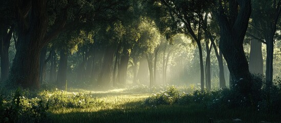 Aufkleber - Sunlit forest path with vibrant green foliage, misty atmosphere, soft light filtering through dense trees, creating an ethereal and tranquil scene.