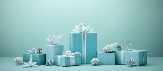 Poster - Teal blue backdrop with assorted holiday gift boxes in varying sizes adorned with white ribbons and festive decorations, creating space for text.