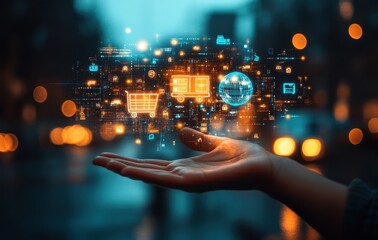 Aufkleber - Hand reaching out to digital interface showcasing shopping carts, globe, and data connectivity in an urban environment, representing commerce and technology integration