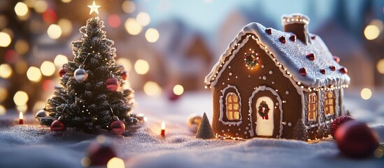 Poster - Cozy Christmas scene featuring a detailed gingerbread house with icing and a decorated Christmas tree in warm tones against a snowy background
