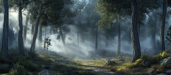 Aufkleber - Serene forest scene with tall pine trees shrouded in misty fog, soft blue and green hues, creating an enchanting and tranquil atmosphere.