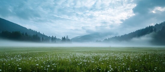 Poster - Serene misty meadow with white wildflowers in the foreground surrounded by lush green hills under a cloudy sky creating a tranquil atmosphere