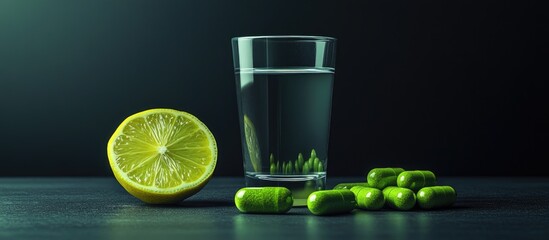 Aufkleber - Green capsules and a fresh lime half next to a clear glass filled with water on a dark wooden surface, creating a refreshing wellness ambiance.