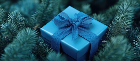 Poster - Charming blue Christmas gift box nestled amidst vibrant green pine branches creating a festive atmosphere with natural elegance and vivid colors