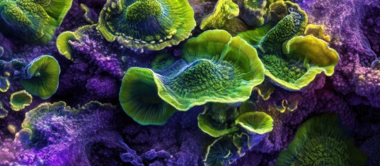 Poster - Intricate microscopic view of vibrant green and purple fungi with detailed textures and rich colors on a dark background for scientific exploration