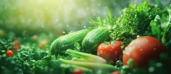 Poster - Fresh vegetables including cucumbers and tomatoes on lush green foliage with soft sunlight filtering through, creating a vibrant natural setting.
