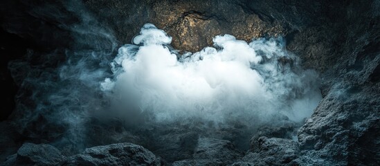 Aufkleber - Mysterious cave with rising white smoke in a dimly lit atmosphere surrounded by dark rocky textures enhancing the enchanting ambiance