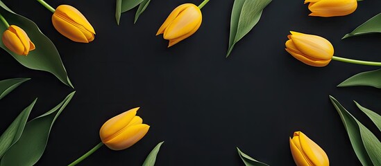 Aufkleber - Vibrant yellow tulips elegantly arranged with green leaves on a dark surface creating a striking contrast and inviting atmosphere.