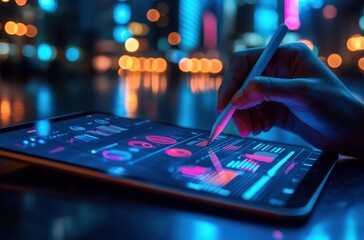 Poster - Hand using a stylus to analyze digital data on a glowing tablet in a modern urban environment with vibrant city lights in the background