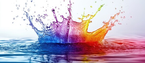 Aufkleber - Vibrant water splash in hues of blue, pink, and orange against a soft white background illustrates dynamic creativity in abstract art.