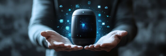 Poster - Hands Holding Smart Device Surrounded by Glowing Digital Icons Representing Modern Technology and Connectivity