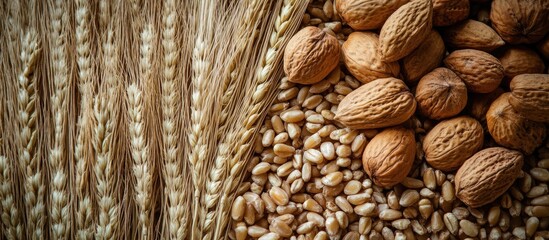 Poster - Natural rustic background featuring golden wheat, brown nuts, and light grains arranged harmoniously for festive culinary inspirations and holiday themes.
