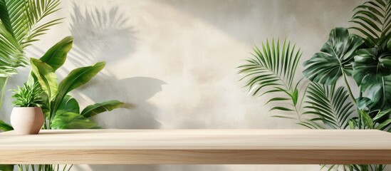 Aufkleber - Minimalist interior setting with light wooden tabletop and lush green plants on either side against a soft beige wall backdrop.