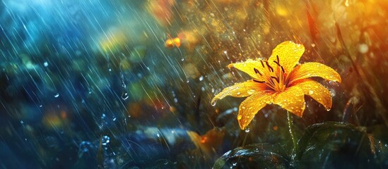 Poster - Vibrant orange lily flower glistening with raindrops amidst a blue and golden blurred background in a lush green garden setting.