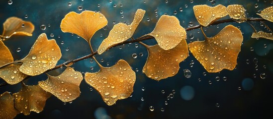 Aufkleber - Ginkgo leaves in vibrant yellow hues adorned with glistening raindrops set against a dark blurred background creating a serene and beautiful scene