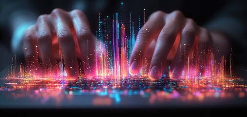 Aufkleber - Hands of a person typing on a laptop keyboard surrounded by vibrant digital data visualization in a futuristic setting