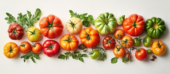 Poster - Vibrant mix of summer tomatoes in various colors including red, yellow, green, and orange arranged on a white background showcasing freshness and appeal
