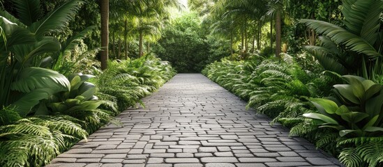 Poster - Serene gray cobblestone pathway lined with lush green plants on both sides creating an inviting atmosphere for leisurely strolls under natural light