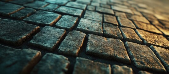 Poster - High quality close-up brick wall texture image with uneven rectangular dark brown bricks illuminated by warm and cool light from the side.