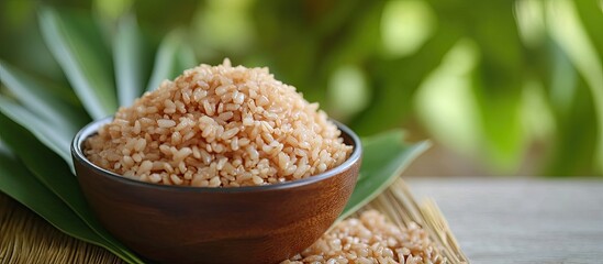 Poster - Thai brown rice in a wooden bowl, rich brown grains with green betel leaves in background, ideal for health-conscious snacks and meals.