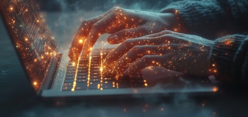 Aufkleber - Hands Typing on Laptop Surrounded by a Glowing Digital Environment and Abstract Particles in a Creative Concept of Technology and Innovation