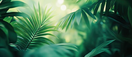 Poster - Serene light green tropical garden background with blurred palm leaves creating a calming atmosphere enhanced by soft light throughout the composition